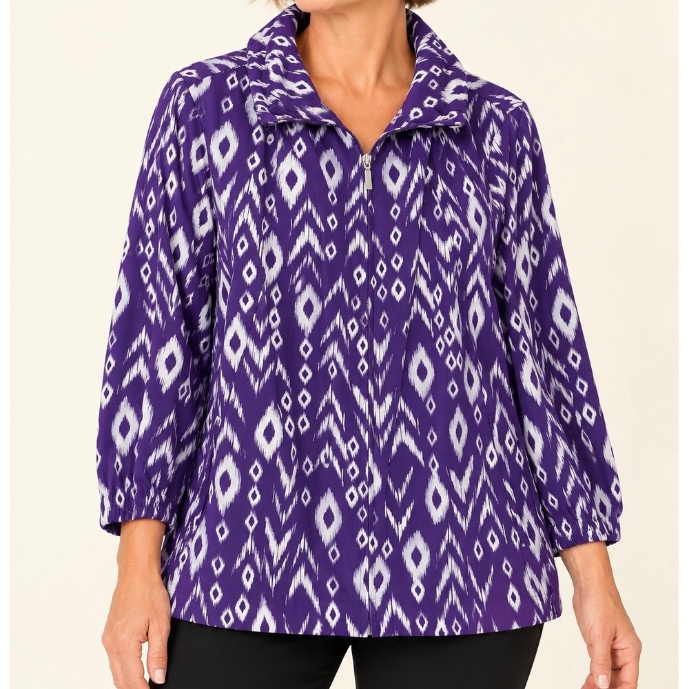 Chicos Zenergy Purple Ikat Print Half Zip Windbreaker Jacket Size 2 Large